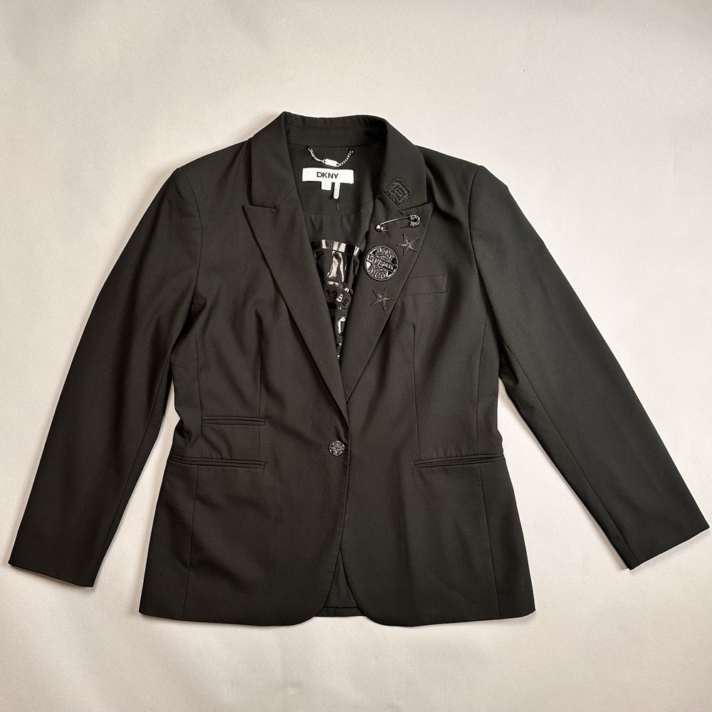 DKNY 1989 Pins & Patches One-Button Blazer Black Size 10 Bling